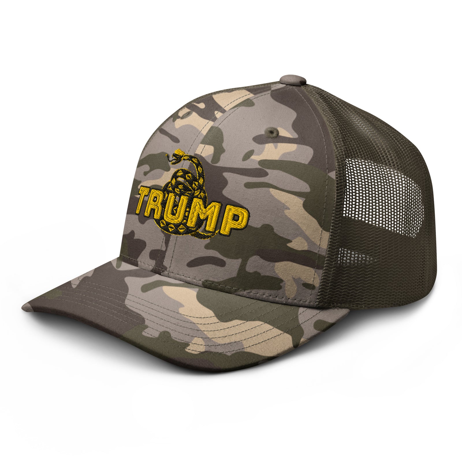 TRUMP Gadsden Snake Camo Trucker Hat – Don’t Tread on MAGA!