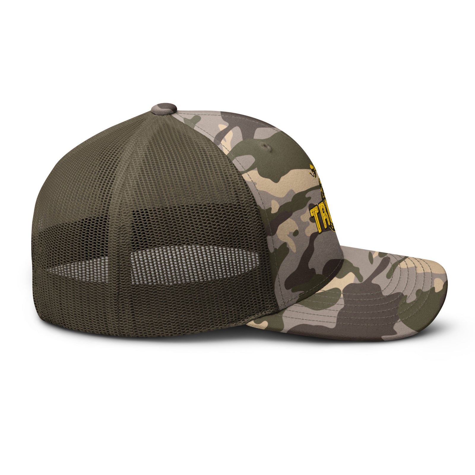 TRUMP Gadsden Snake Camo Trucker Hat – Don’t Tread on MAGA!