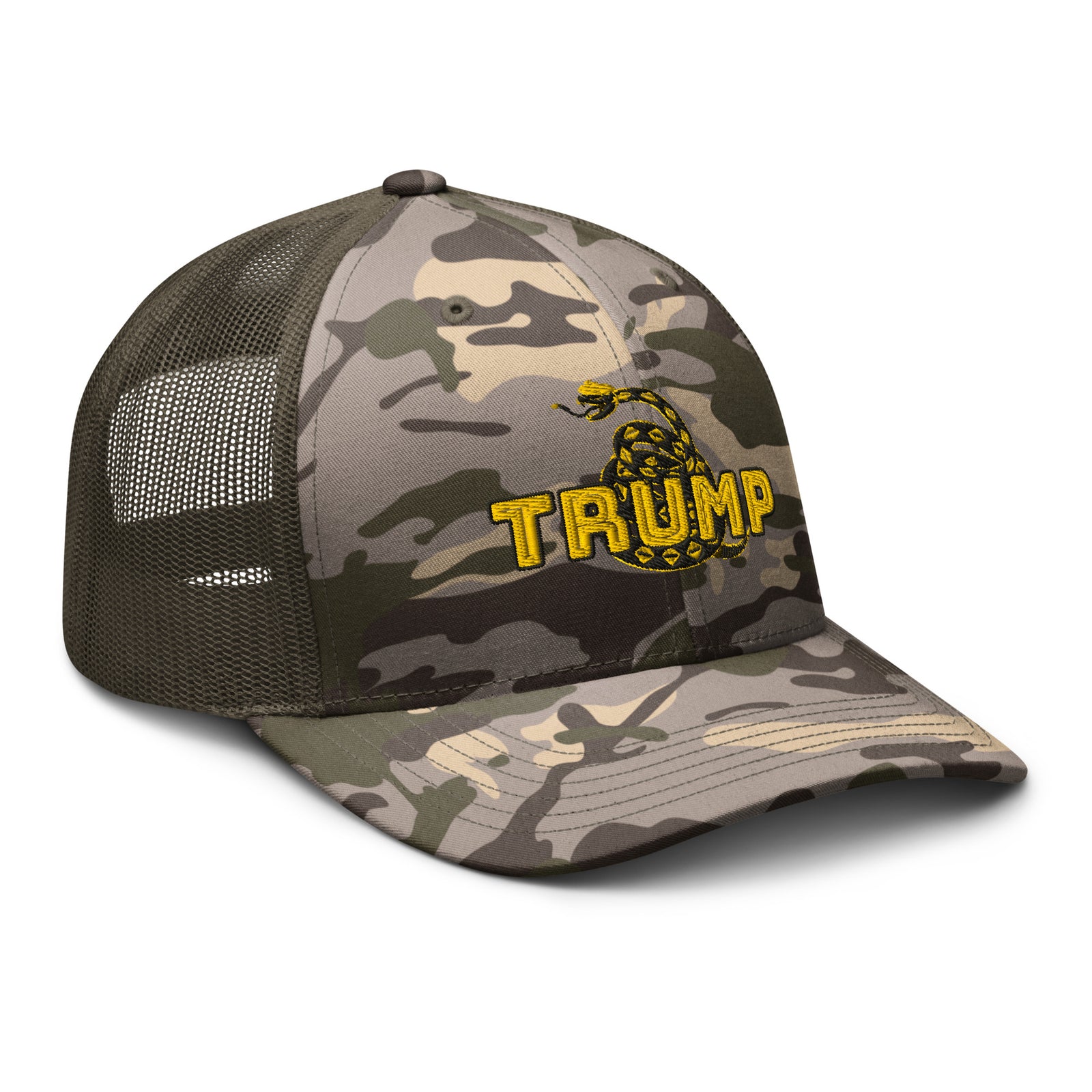 TRUMP Gadsden Snake Camo Trucker Hat – Don’t Tread on MAGA!