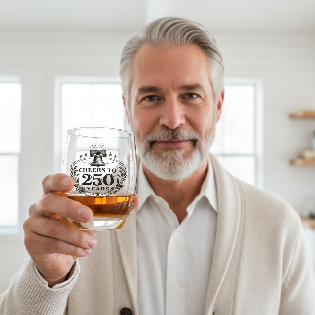 Cheers to 250 Years Whiskey Glass - Close-Up Bright Background