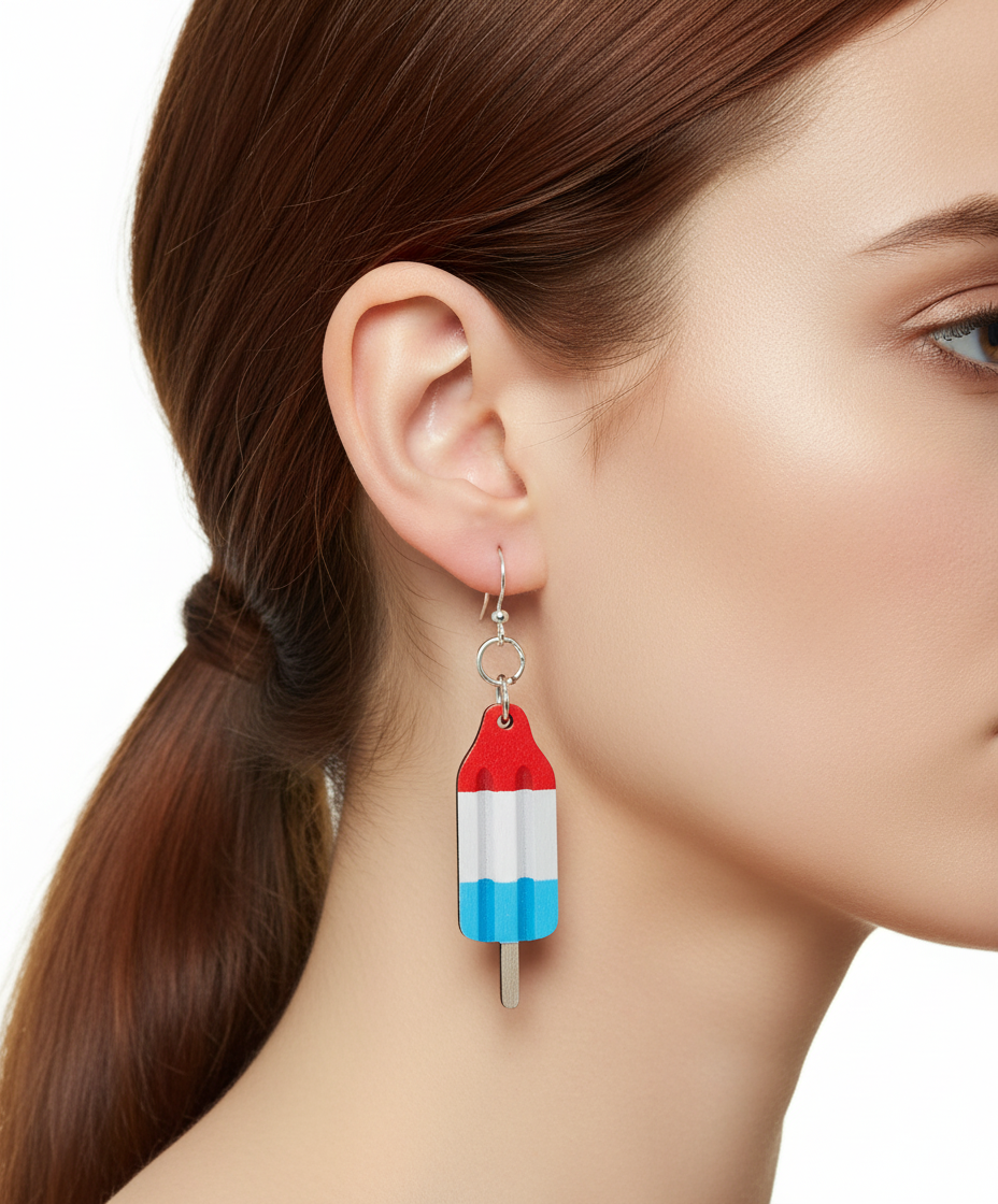 Close-up of Woman wearing Bomb Pop Popsicle Earrings