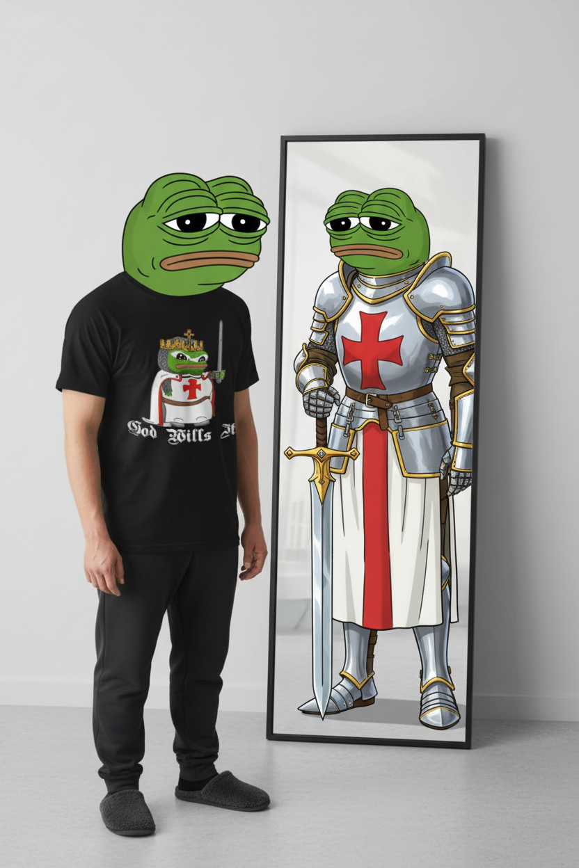 Crusader Pepe T-Shirt Mirror Reflection with Actual Product