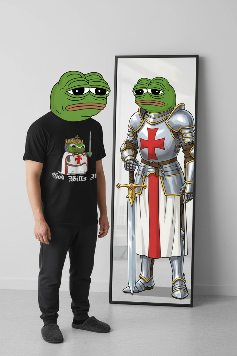 Crusader Pepe T-Shirt Mirror Reflection with Actual Product