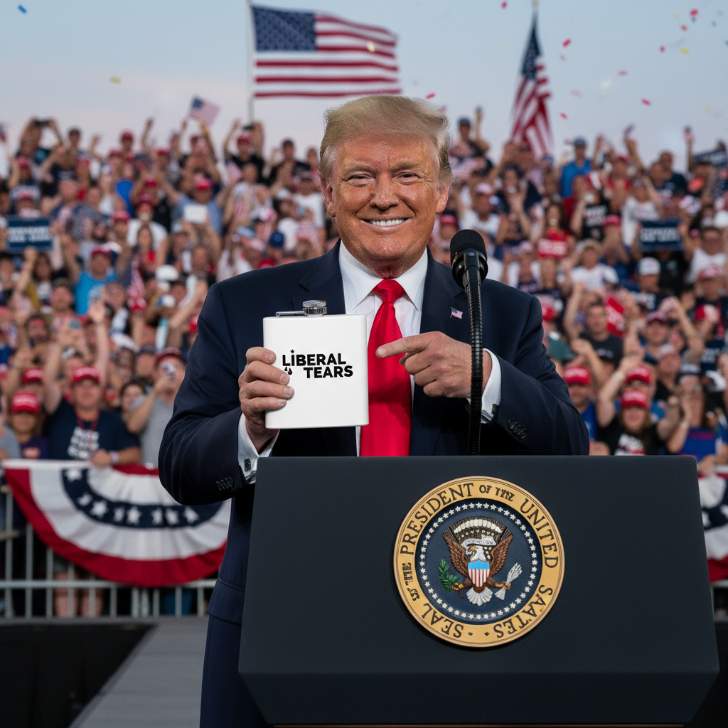 Donald Trump holding Liberal Tears flask at rally - new version