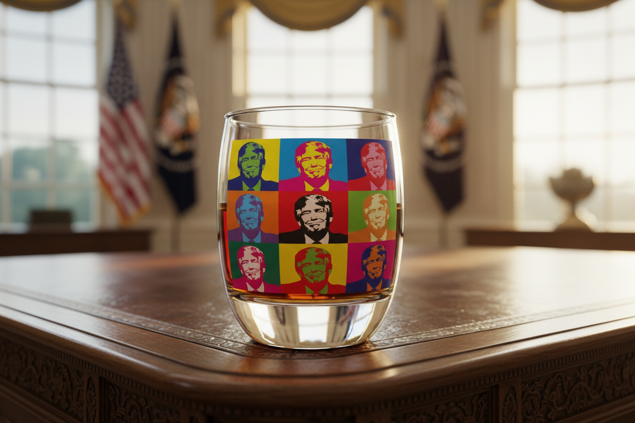Donald Trump Triumphant Pop Art Whiskey Glass Close-Up on Oval Office Desk