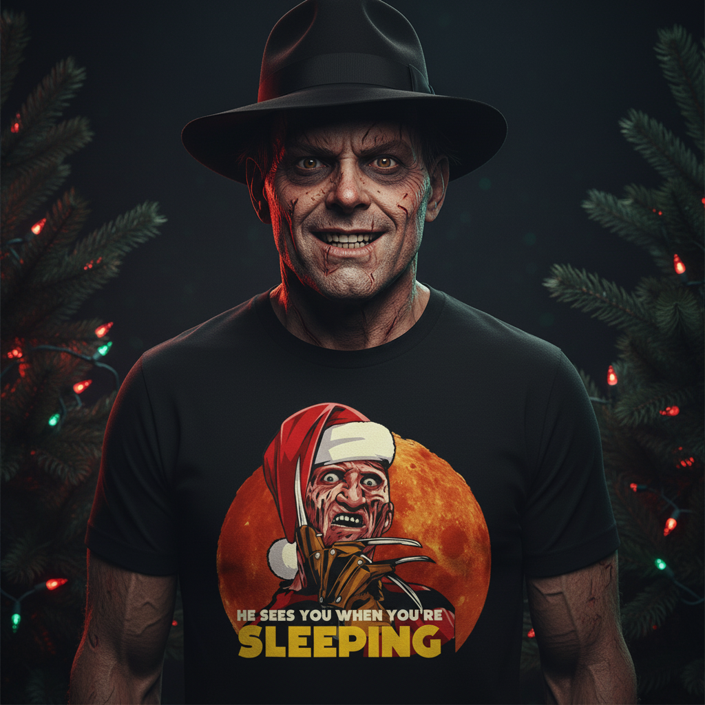 Freddy Krueger Christmas T-Shirt - Freddy Wearing It Close-Up