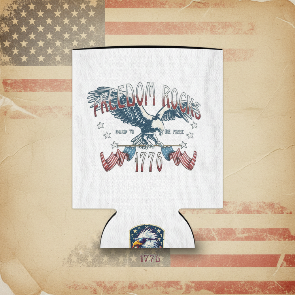 Freedom Rocks Koozie on American Themed Paper Background