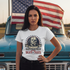 Frustrated woman wearing Benjamin Franklin Death and Taxes t-shirt