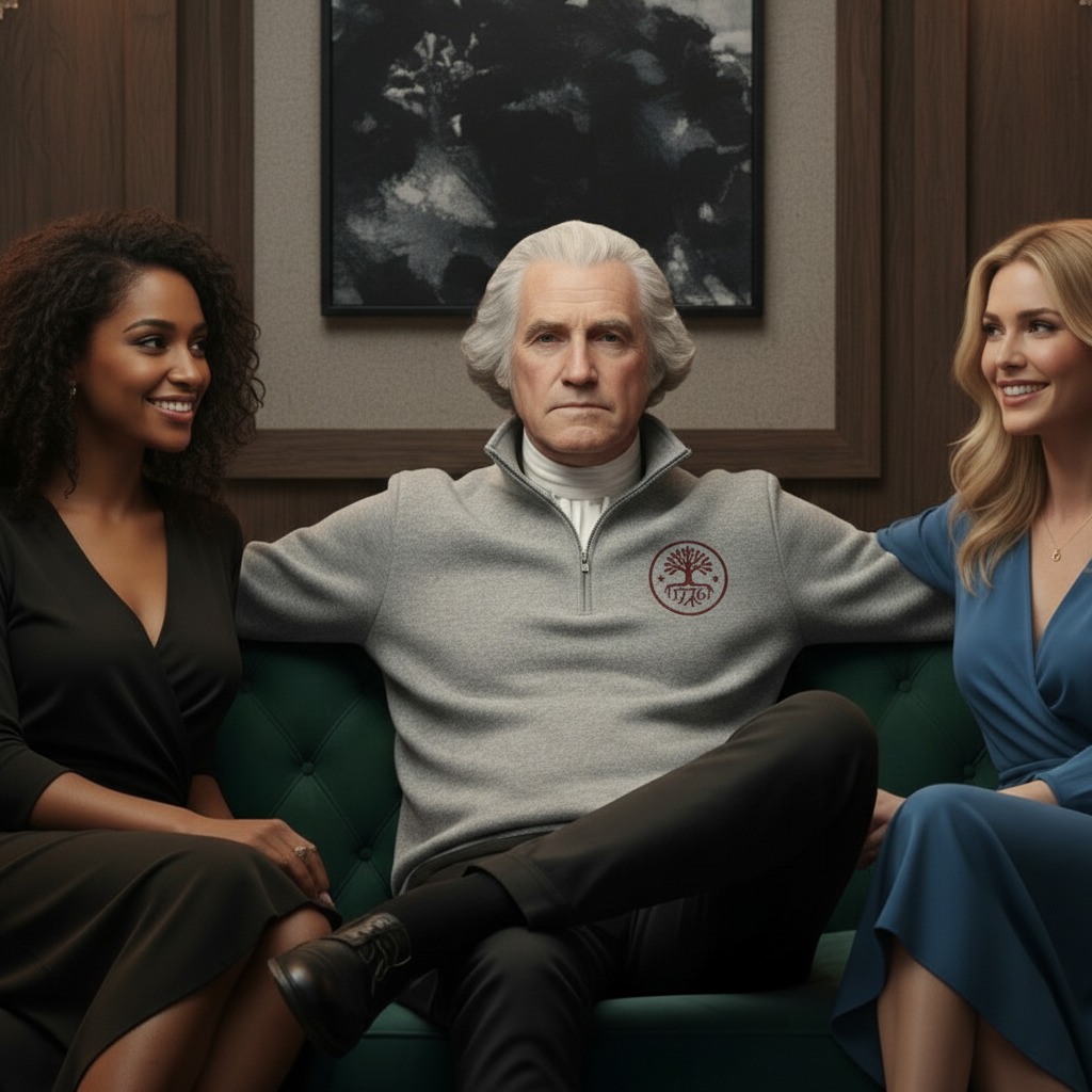 George Washington in Liberty Roots 1776 pullover - tight close-up