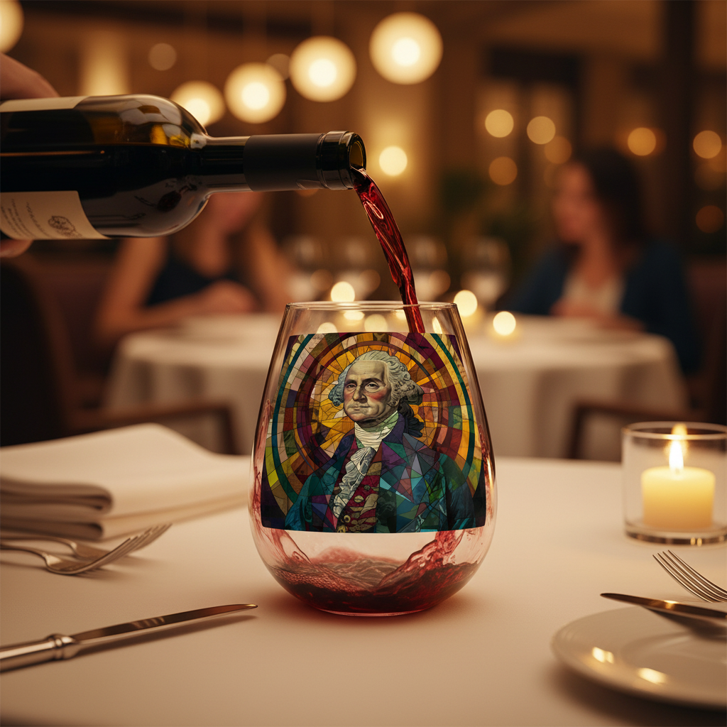George Washington Stained Glass Wine Glass at Fancy Restaurant
