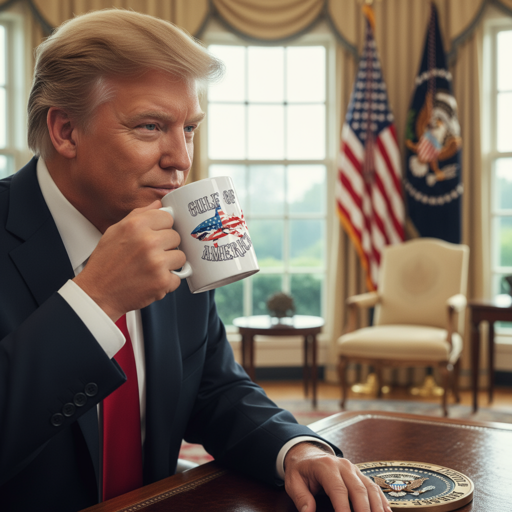 Gulf of America Mug Close-up in Oval Office