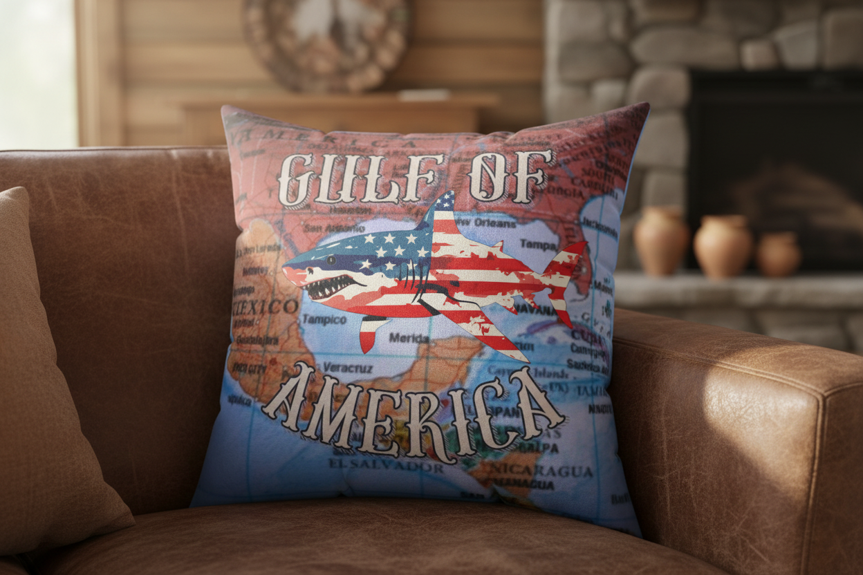 Gulf of America Shark Pillow Close-Up in Rustic Living Room