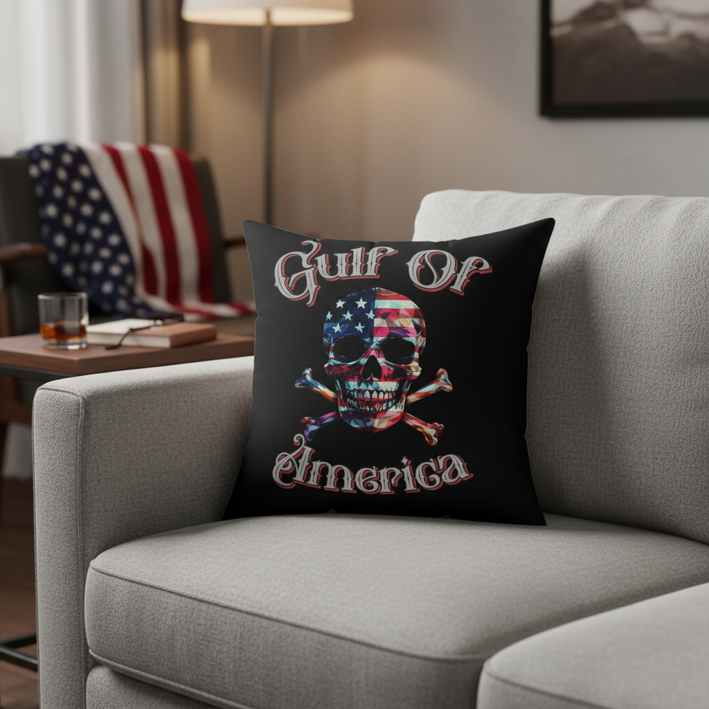 Gulf of America Skull Pillow on couch