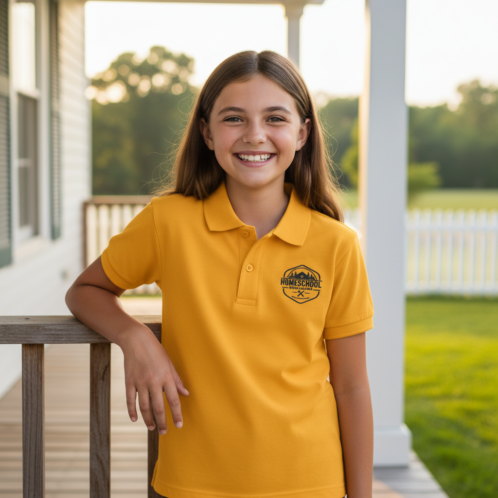 Homeschool Workshop Youth Polo - Gold - Lifestyle Mockup v2