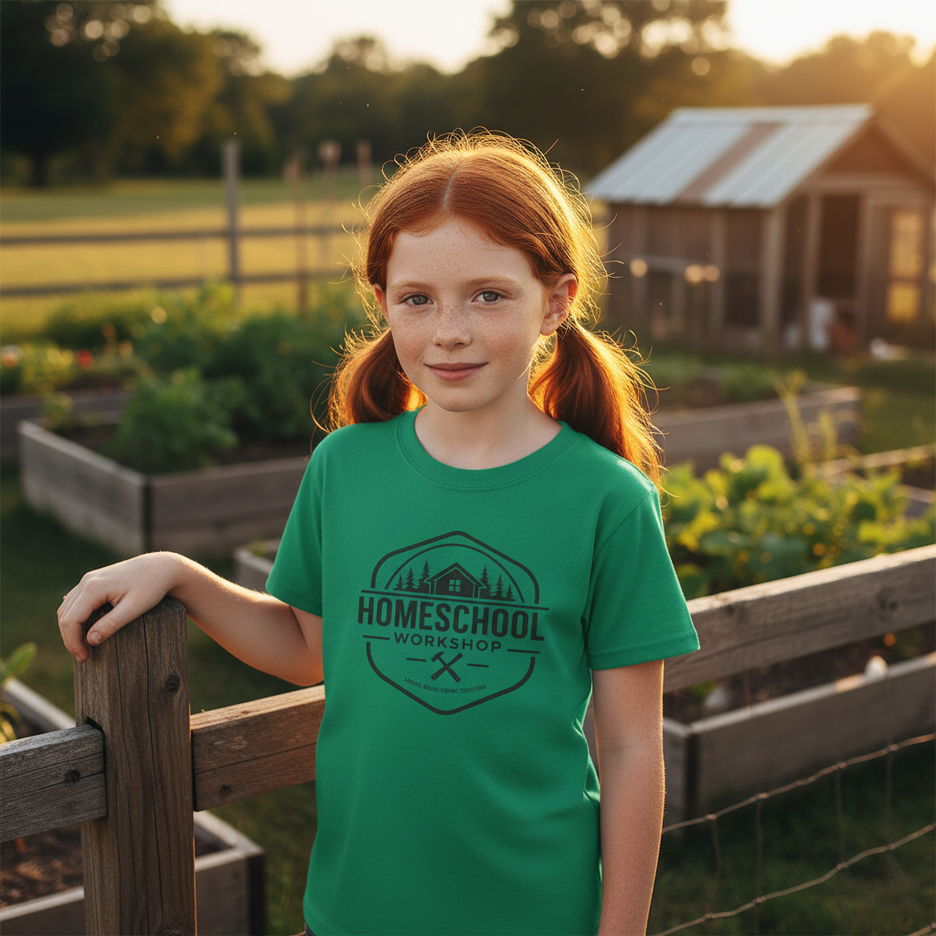 Homeschool Workshop Youth T-Shirt - Kelly Green Lifestyle Mockup