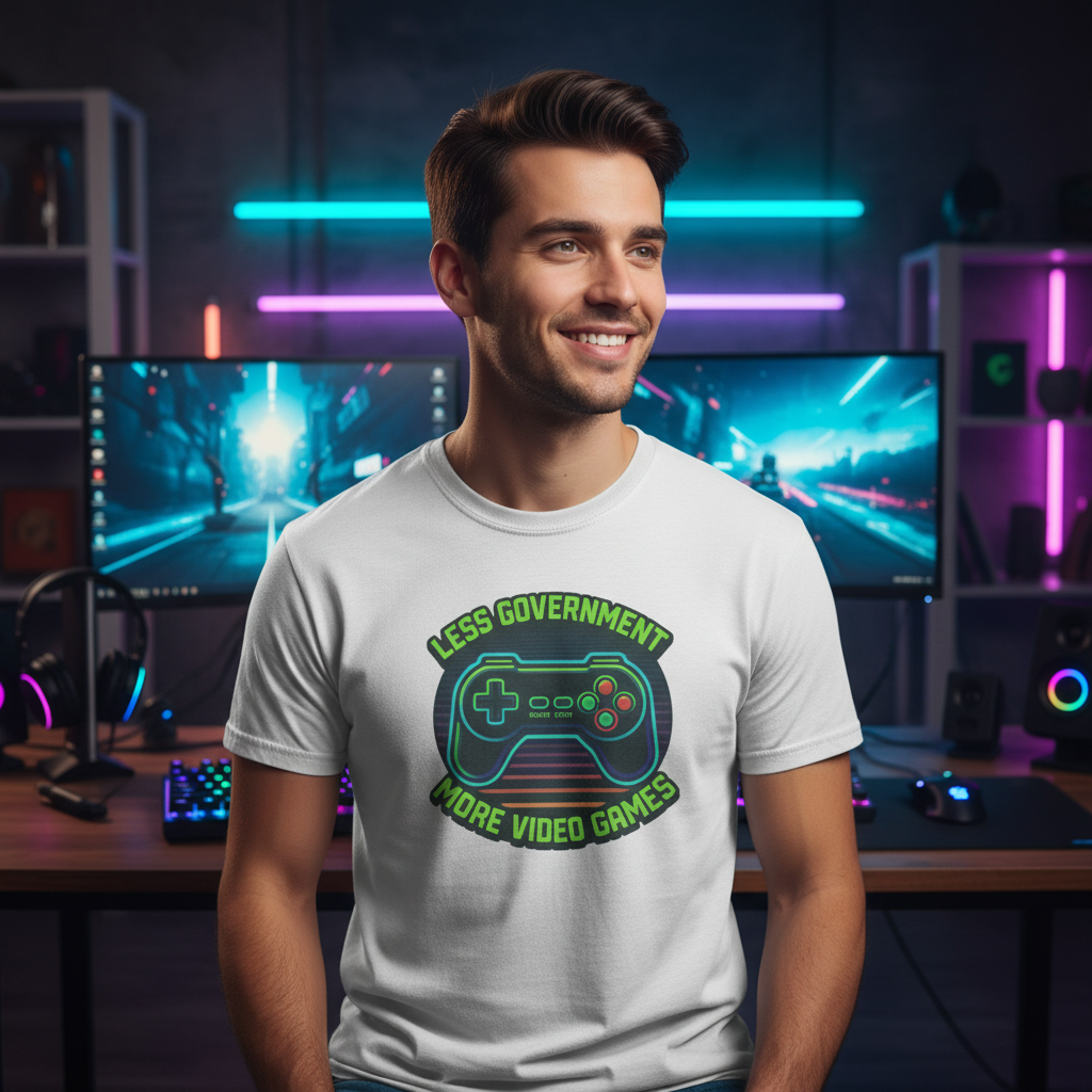 Guy with face visible wearing Less Government More Video Games controller tee