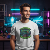 Guy with face visible wearing Less Government More Video Games controller tee