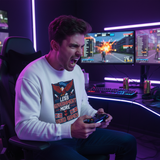 Enraged guy gamer wearing Less Government More Video Games sweatshirt - exciting action shot