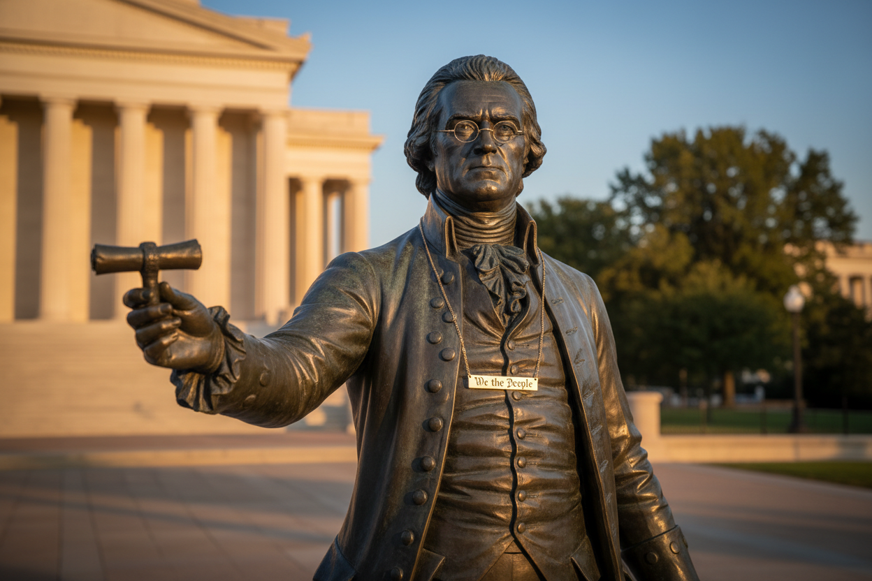 We the People bar necklace lifestyle image - Founding Father statue wearing necklace