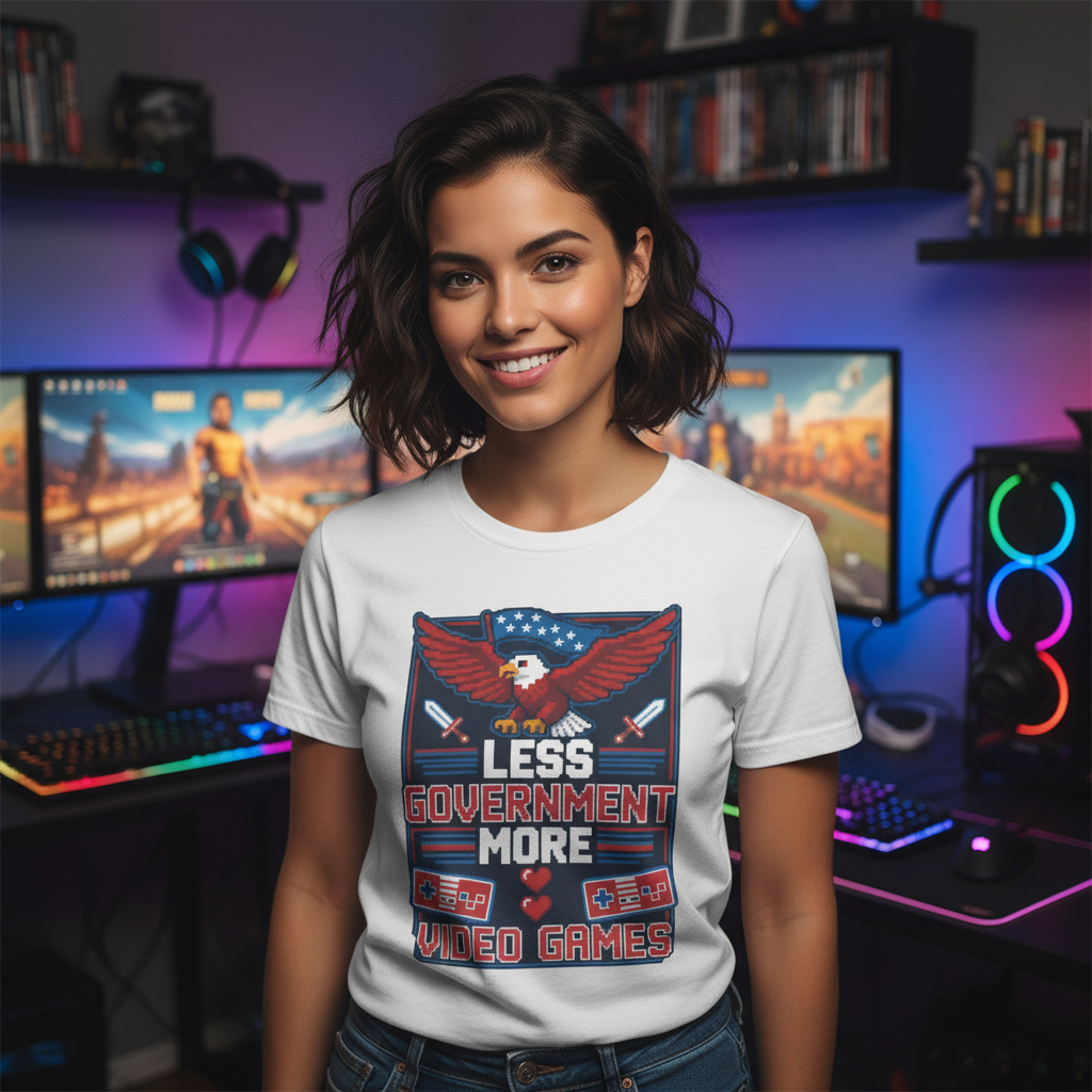Woman gamer with face visible wearing Less Government More Video Games t-shirt