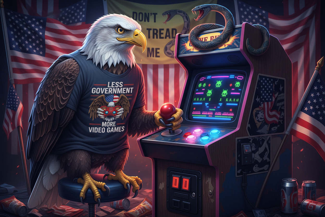 Less Government More Video Games gaming tee lifestyle - eagle playing arcade games