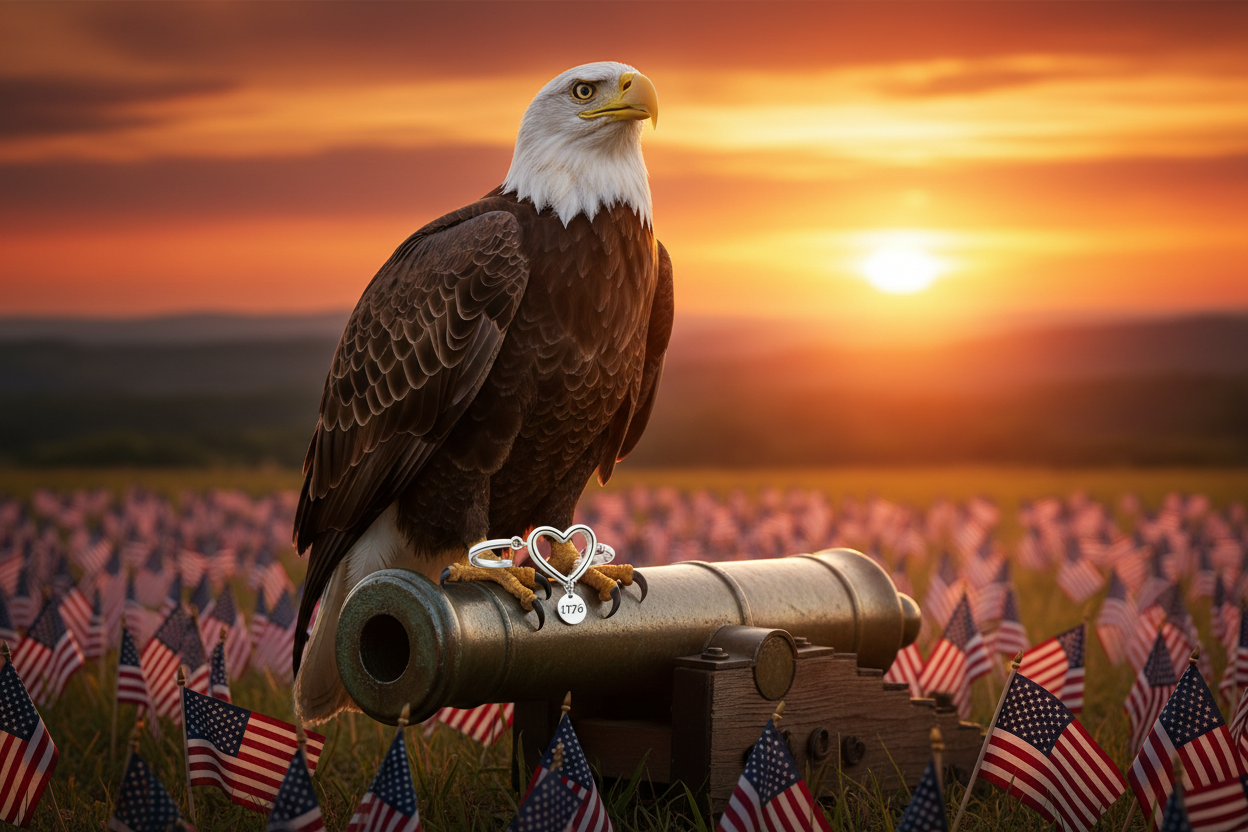 Engravable Heart Cuff Bracelet lifestyle image - patriotic eagle wearing bracelet