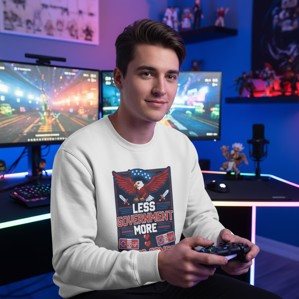 Guy gamer with face visible wearing Less Government More Video Games sweatshirt