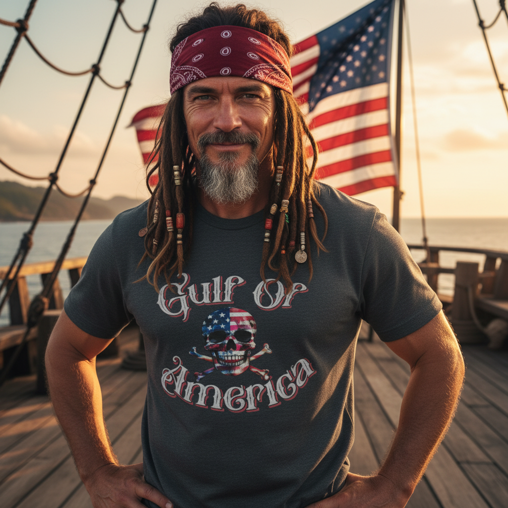 Jack Sparrow-style Pirate wearing Gulf of America Patriotic Pirate T-shirt