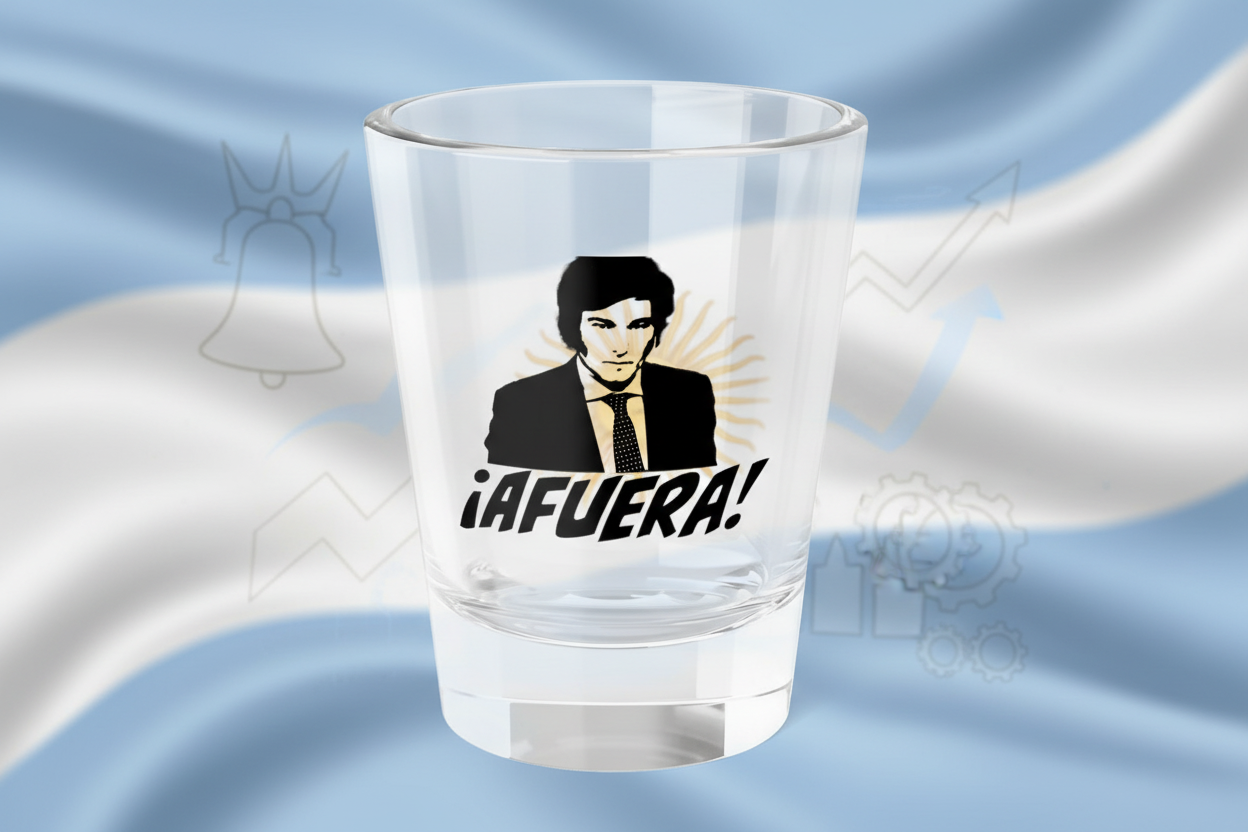 Javier Milei AFUERA shot glass exact design with Argentina background