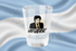 Javier Milei AFUERA shot glass exact design with Argentina background