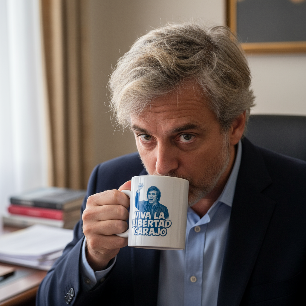 Javier Milei drinking from Viva La Libertad Carajo mug - close-up