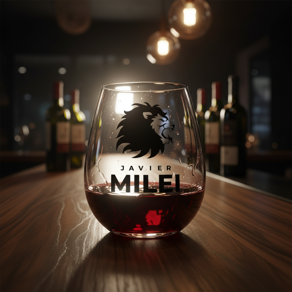 Javier Milei Lion Wine Glass with Backlighting on Wine Bar