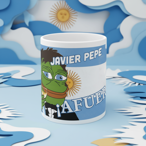 Javier Milei Pepe Afuera Mug with Paper Art Background