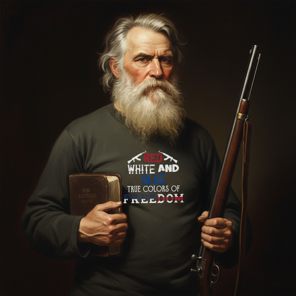 John Brown wearing True Colors of Freedom t-shirt with Bible and rifle