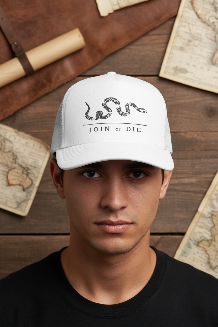 Join or Die Trucker Hat - Shadow-Free Editorial Mockup