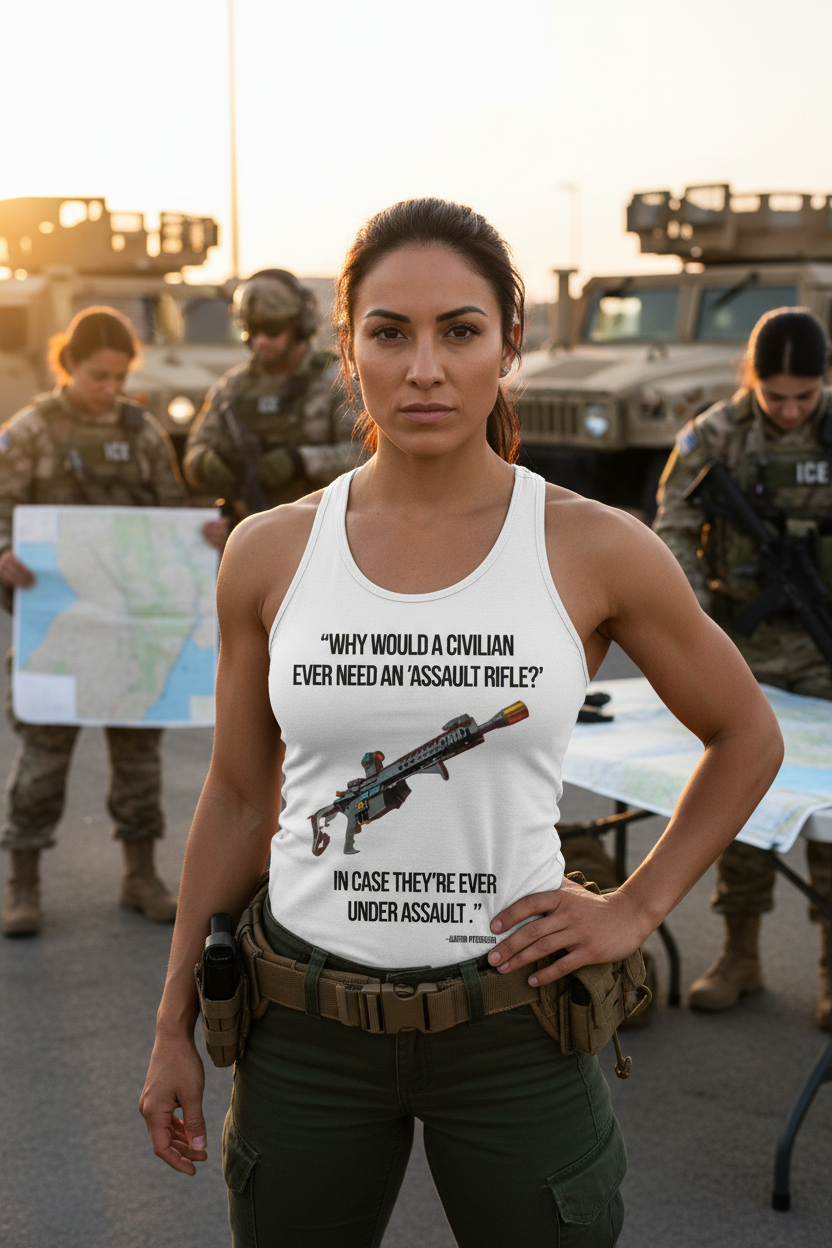 Ladies Assault Rifle Tank - Confident Latina with ICE Tactical Team