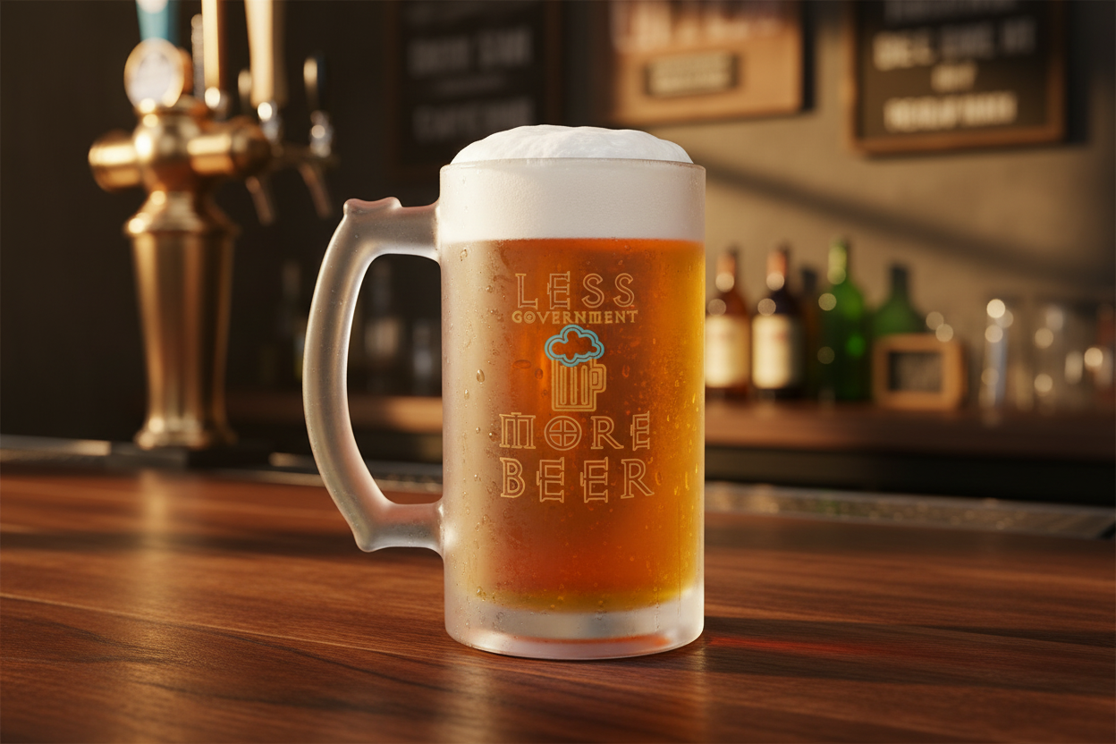 Less Government More Beer Frosted Glass Beer Mug on Bar Top