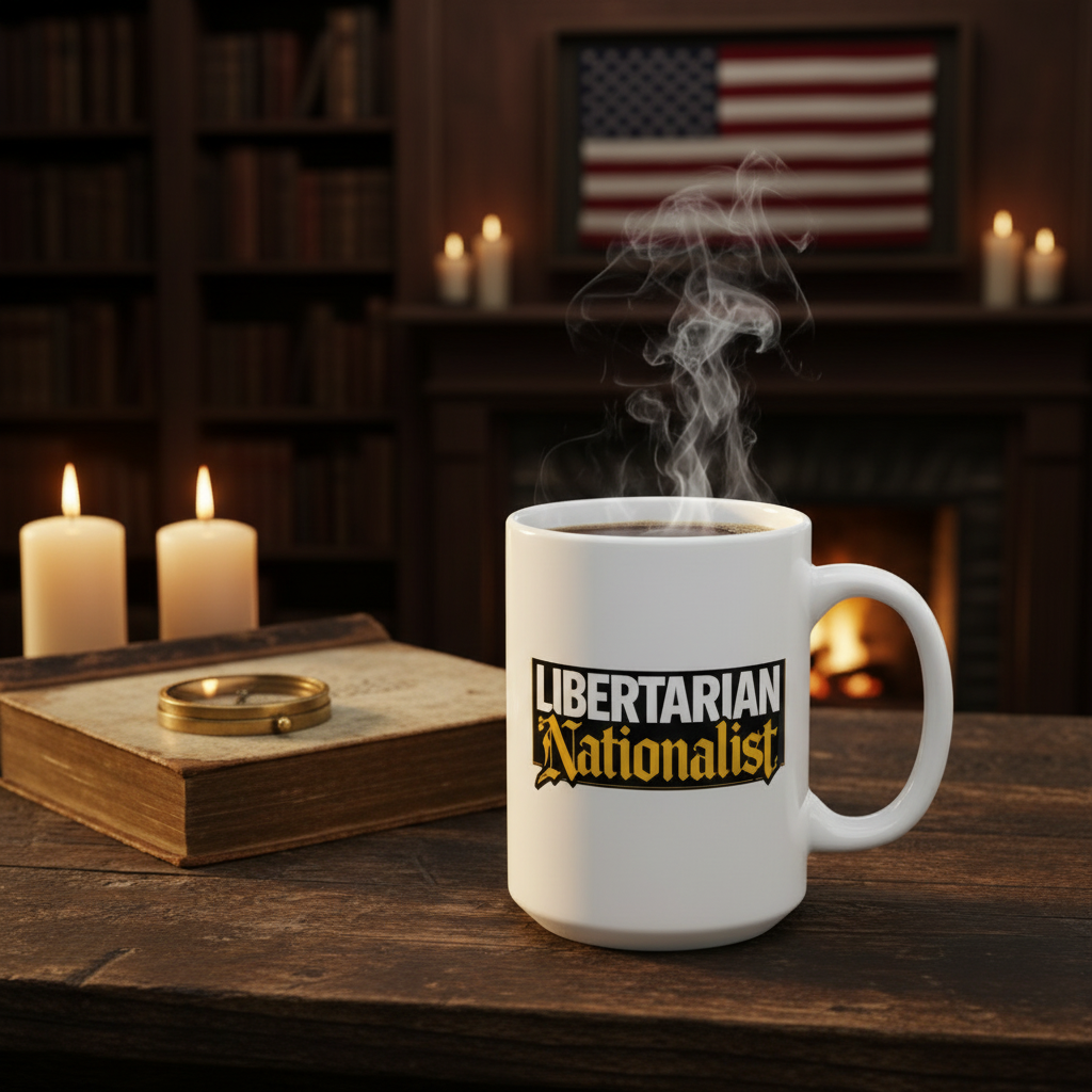 Libertarian Nationalist Mug — Cinematic Library Scene