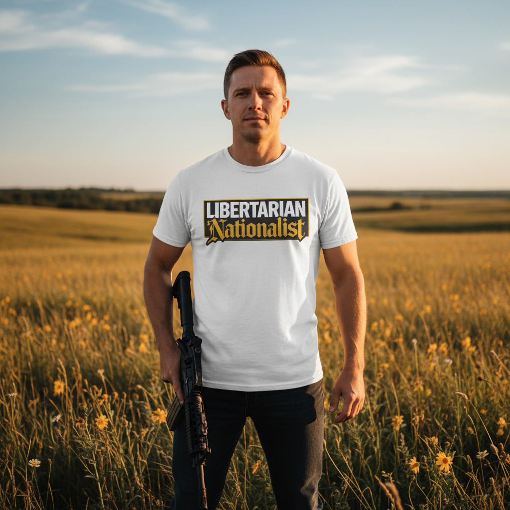 Libertarian Nationalist T-Shirt - Field with Rifle Lifestyle Mockup