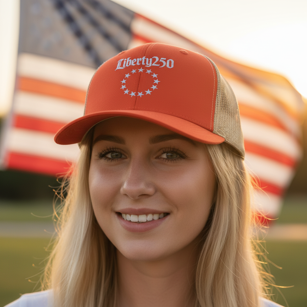 Liberty250 Trucker Cap - Blonde Woman Lifestyle
