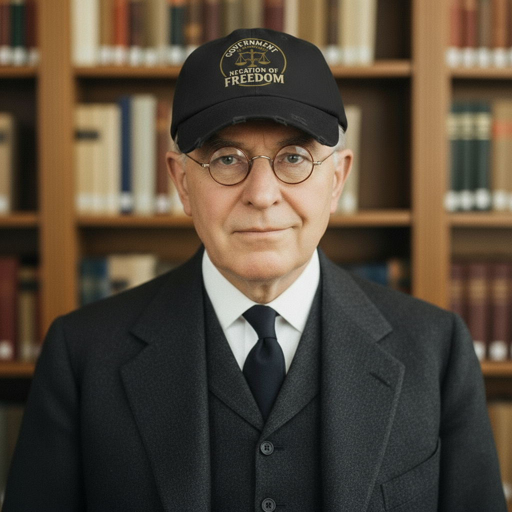 Ludwig von Mises smirking while wearing Negation of Freedom hat