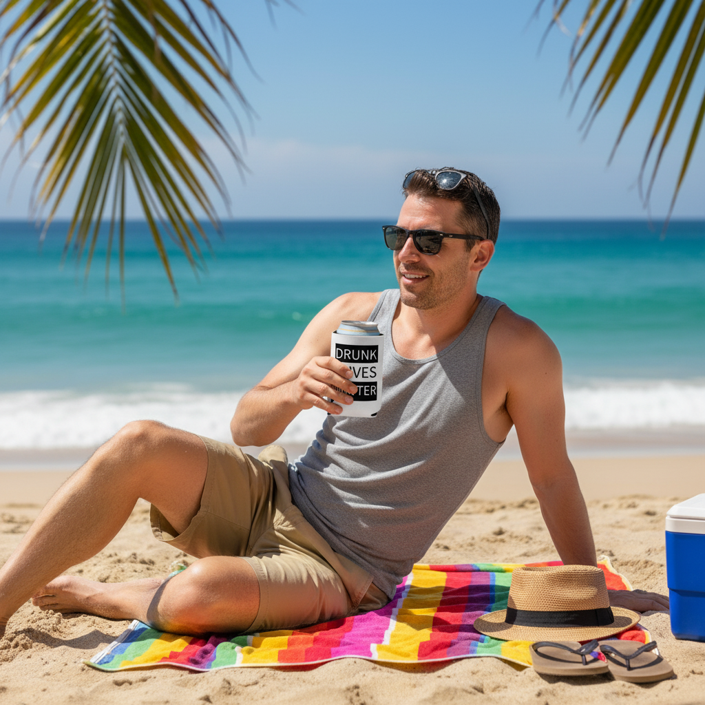 Man at beach with Drunk Wives Matter koozie