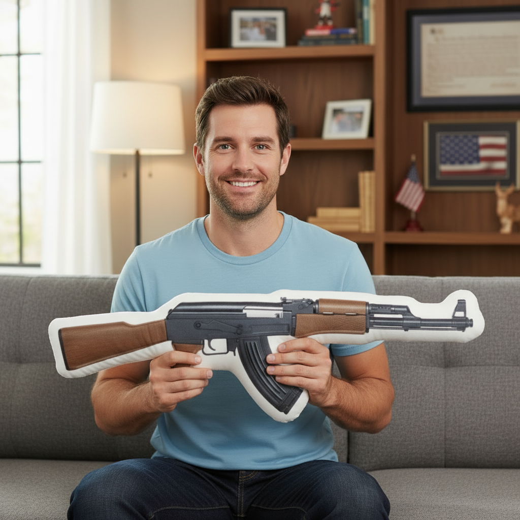 Man holding AK-47 Pillow - Larger View