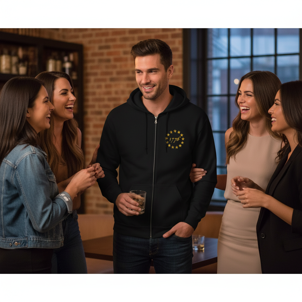 Man in 1776 patriotic hoodie surrounded by women