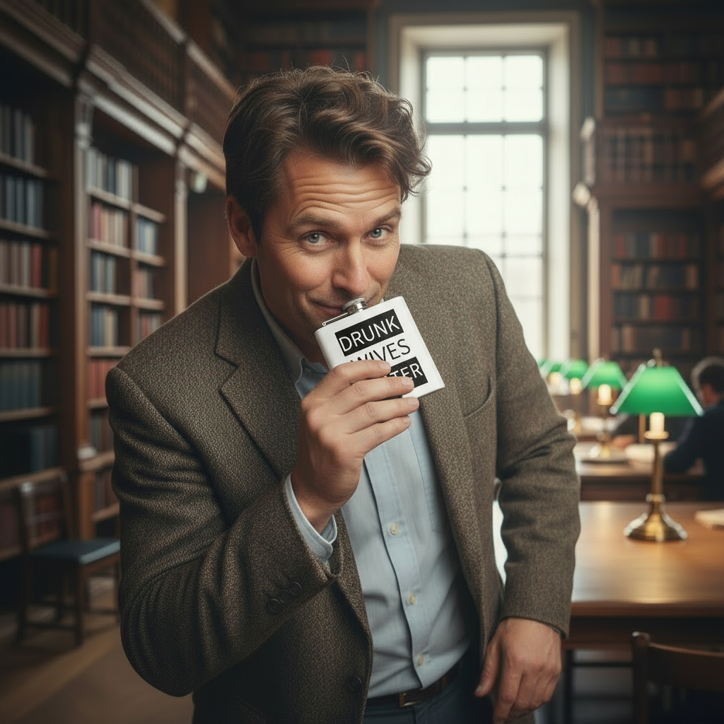 Man sneaking sip from Drunk Wives Matter flask in library - smaller size