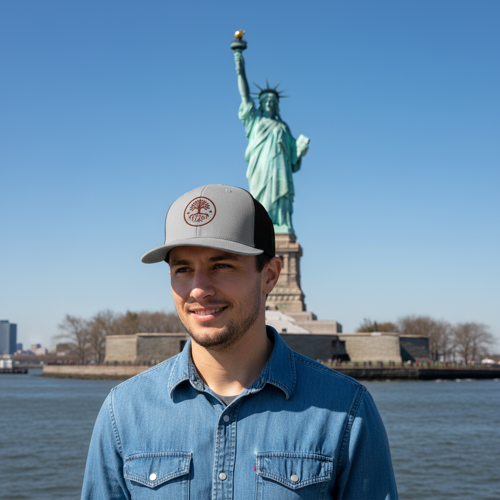 Man wearing Liberty Roots 1776 hat at Statue of Liberty