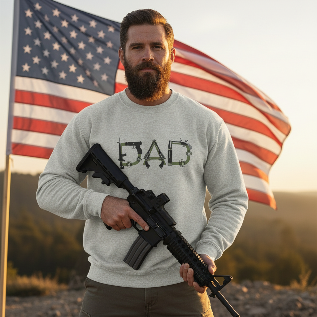 Man Wearing Light Grey DAD Bullet Sweatshirt