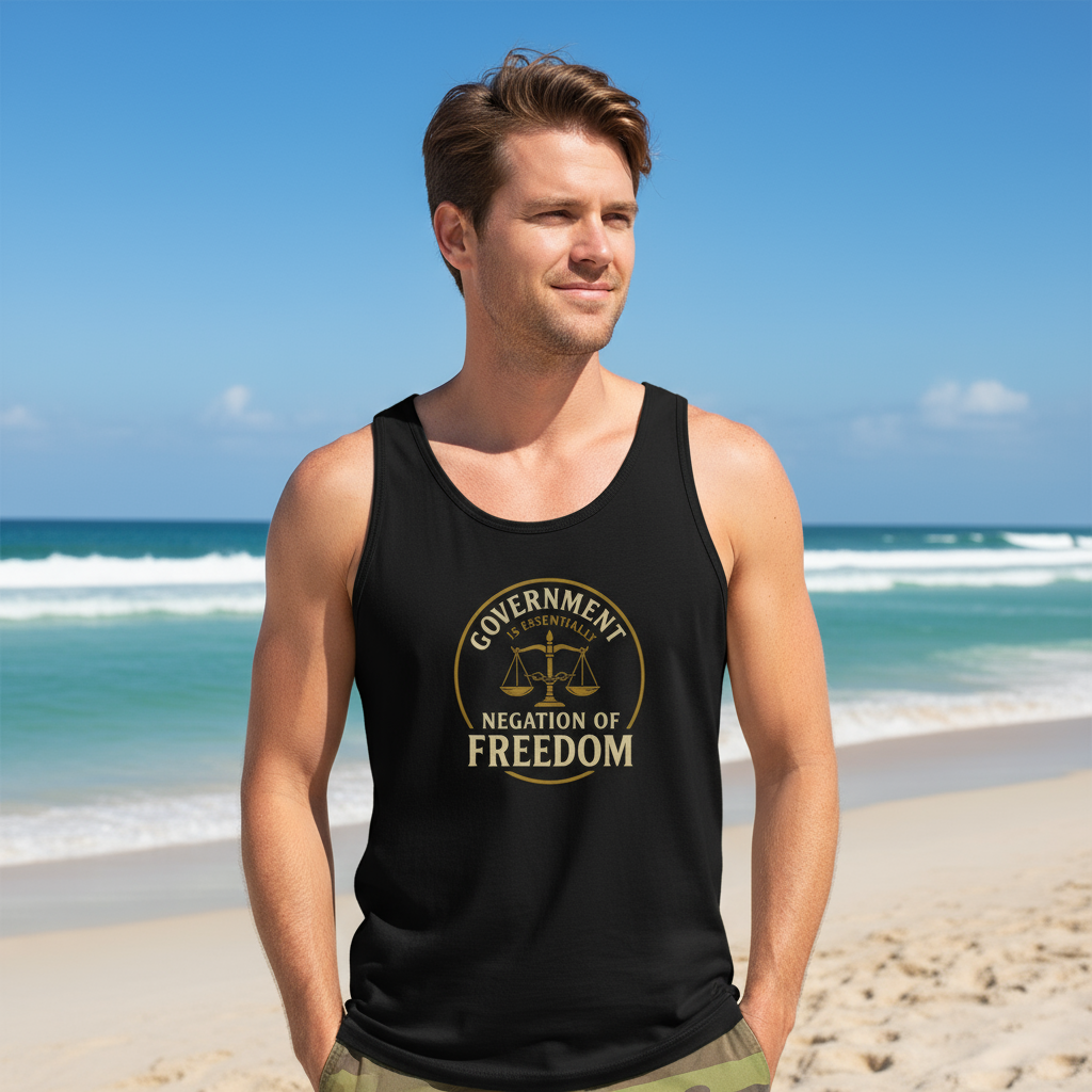Man wearing Negation of Freedom tank top at the beach