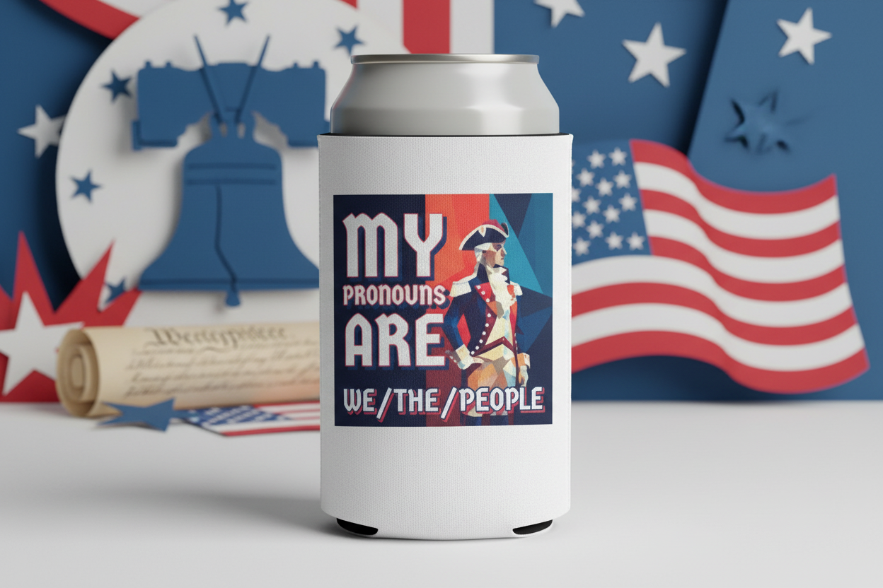 My Pronouns Are We The People koozie with paper art liberty background