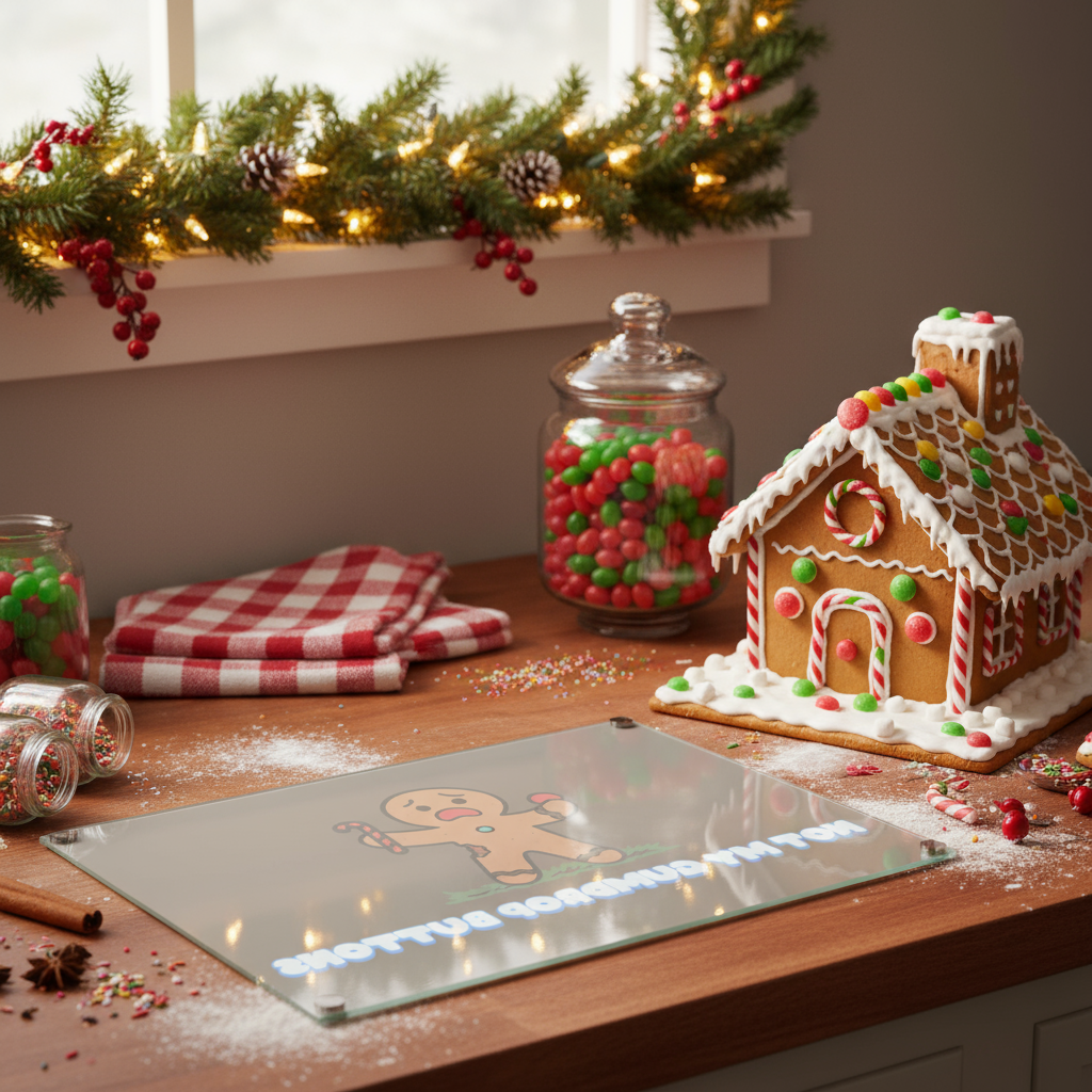 Not My Gumdrop Buttons cutting board in festive kitchen with gingerbread house
